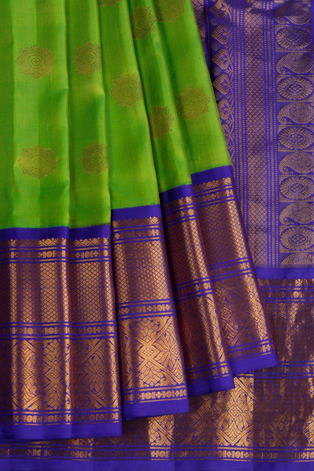 Gadwal Silk Traditional & Simplicity Vibrant Green Saree With Gold Paisley Indigo-Blue Border.